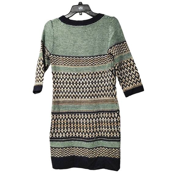 Pink Rose Bodycon Mini Sweater Dress 3/4 Sleeve Fairisle Striped Green Womens S - Picture 2 of 7